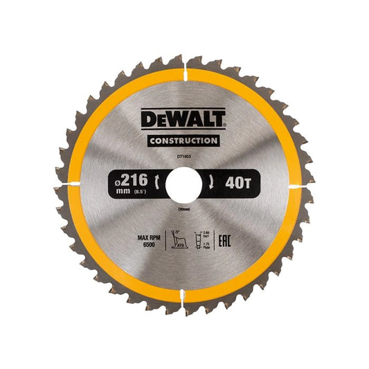 DEWALT DEWDT1953QZ Stationary Construction Circular Saw Blade 216 x 30mm x 40T ATB/Neg
