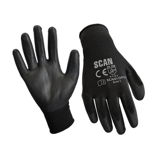 Scan SCAGLOPU12M Black PU Coated Gloves - M (Size 8) (12 Pairs)